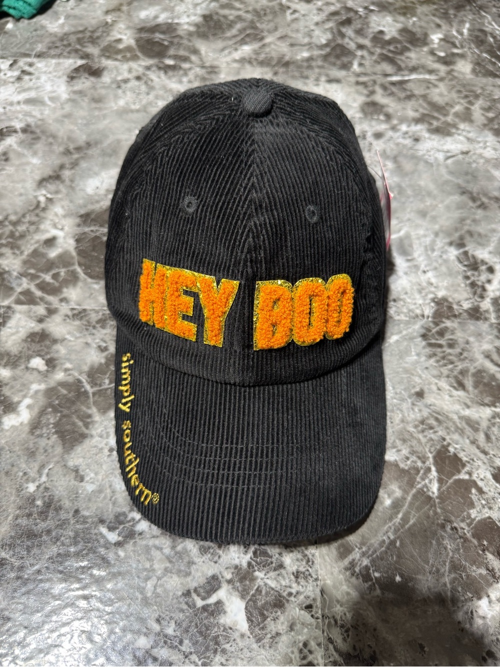 Simply Southern Black Corduroy Ladies Hat with Orange 'HEY BOO' Embroidery